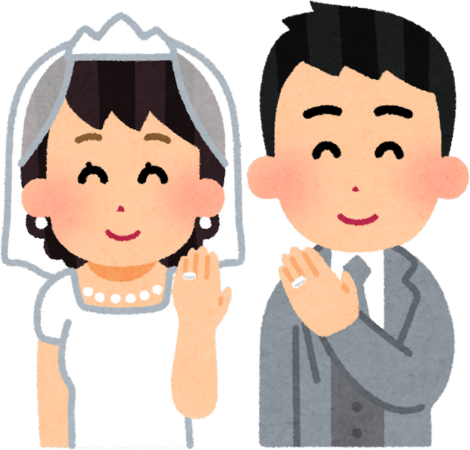 Illustration of a Bride and Groom Showing Off Their Wedding Rings